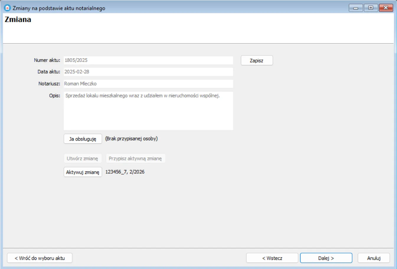 Dane aktu notarialnego wyekstrahowane przez AI: numer repertorium, data, notariusz
