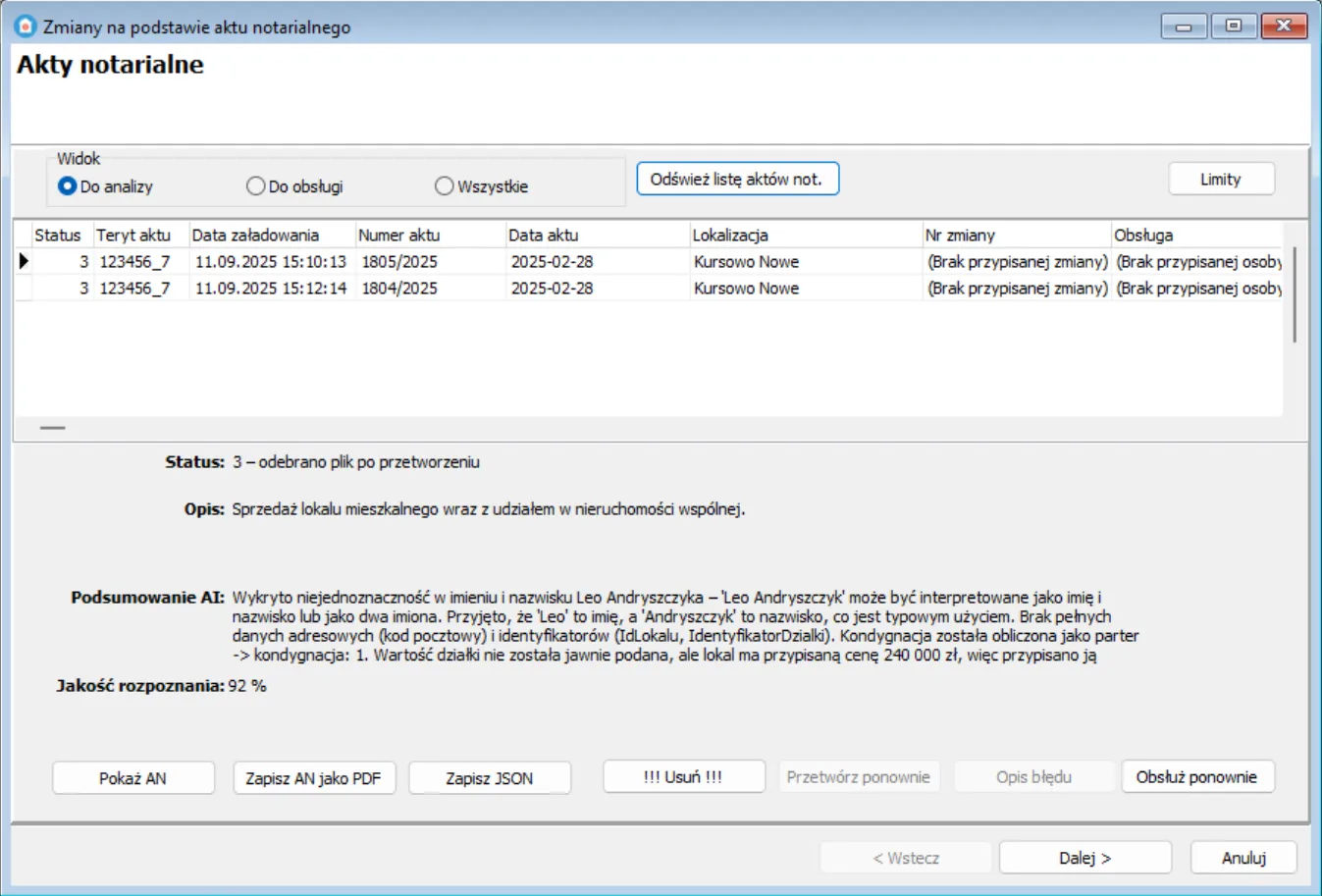 Lista aktów notarialnych w Module AN – widok zarządzania dokumentami