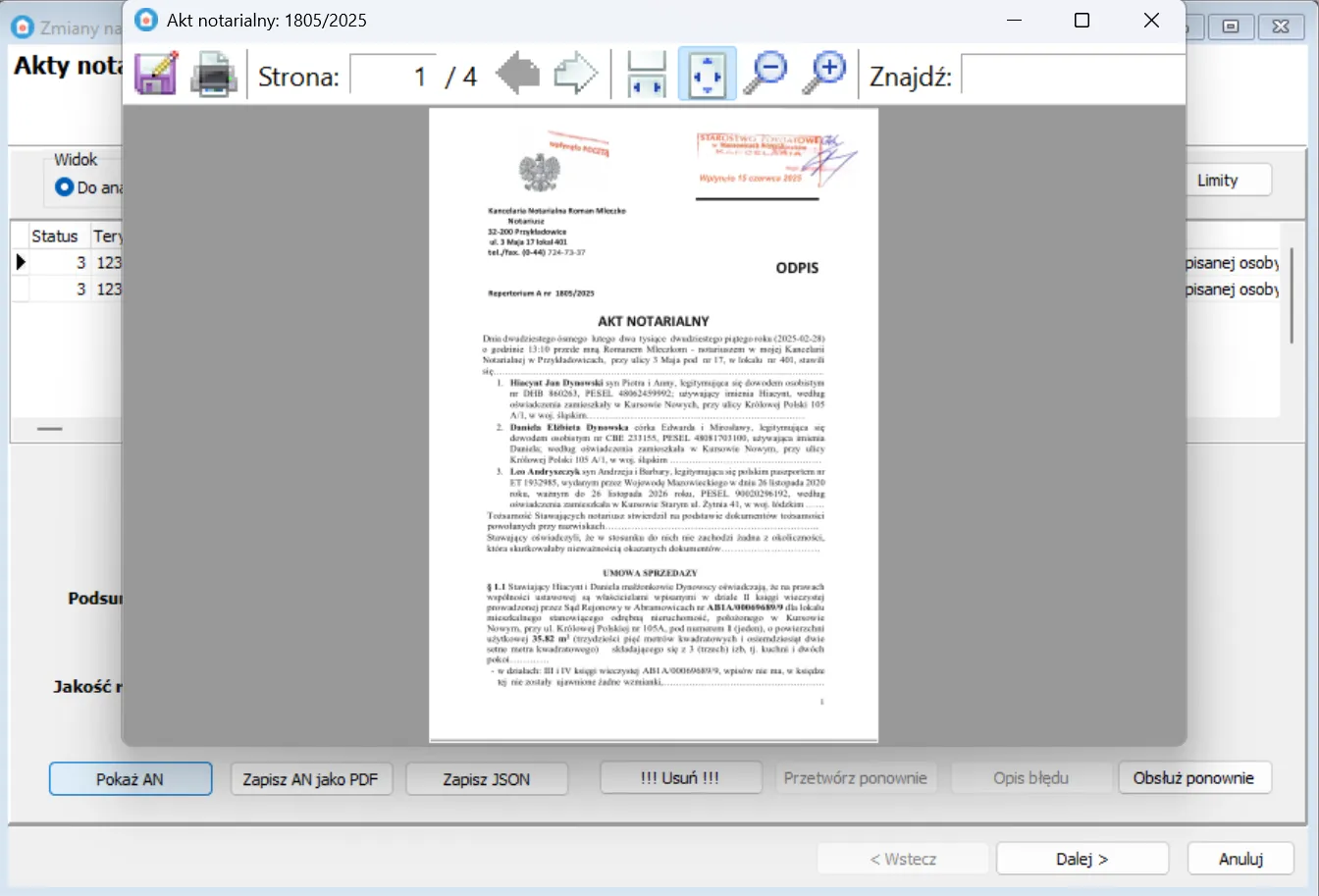 Podgląd skanu aktu notarialnego PDF w Module AN