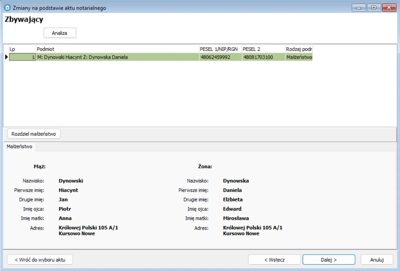 Zbywający wyekstrahowani z aktu notarialnego: imiona, nazwiska, numery PESEL