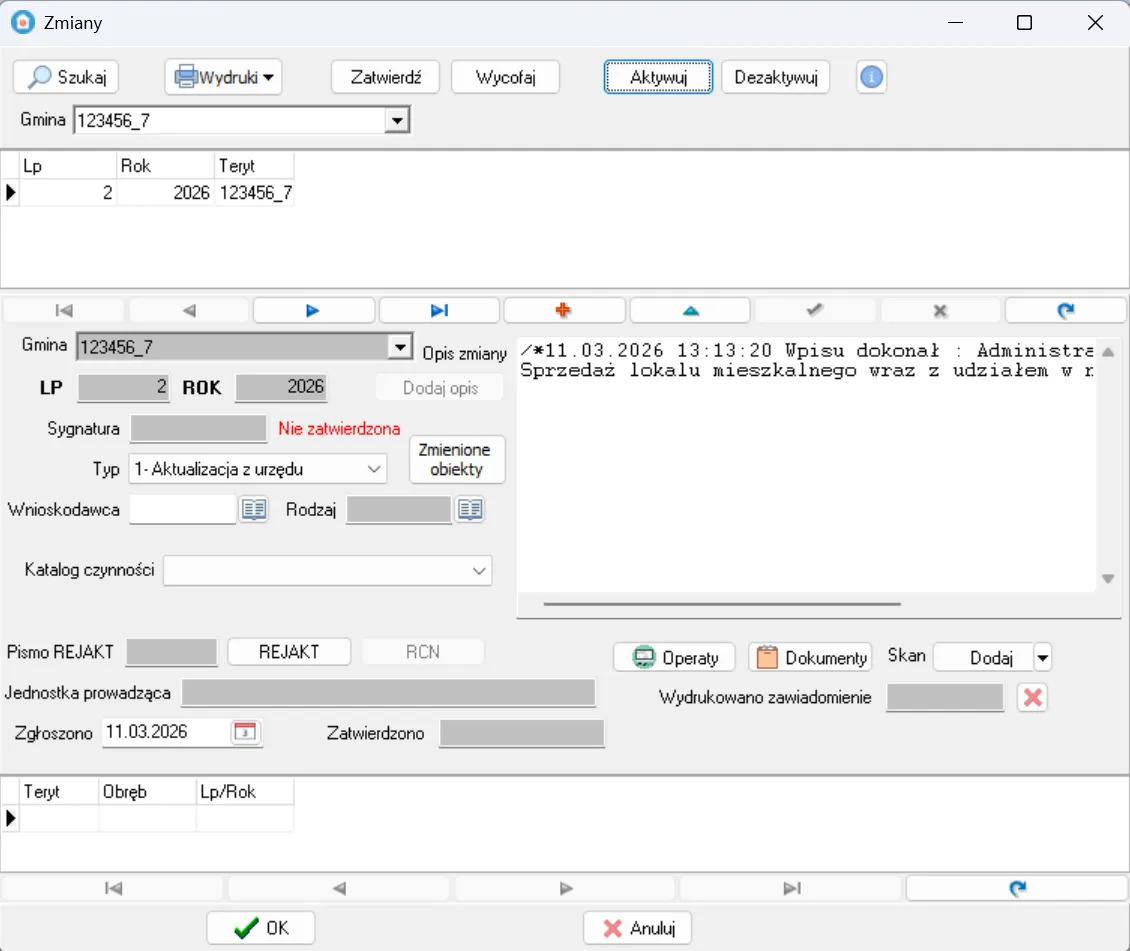 Automatycznie utworzona zmiana w systemie EWOPIS gotowa do zatwierdzenia przez operatora EGiB
